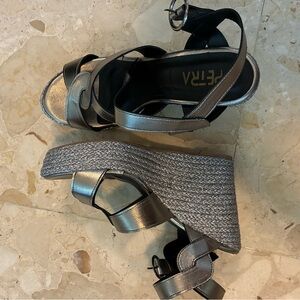 PETRA Women's Black and Silver Wedge Sandals